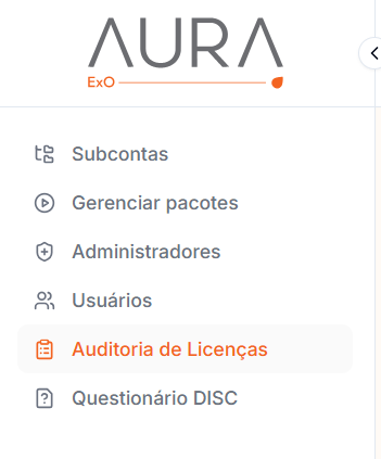 Menu da plataforma com subcontas, pacotes, administradores, usuários e auditoria de licenças