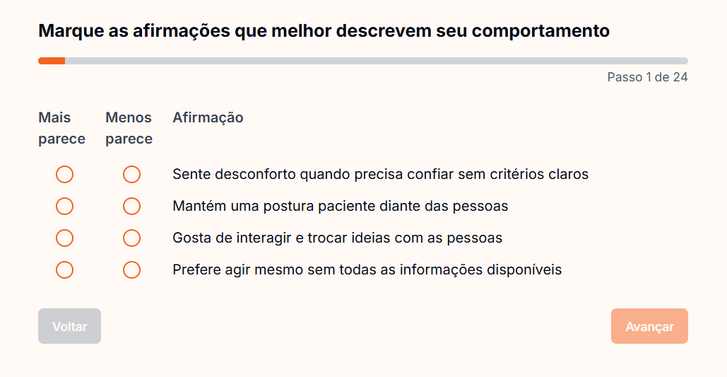 Questionário Aura com alternativas mais e menos parecidas com o comportamento